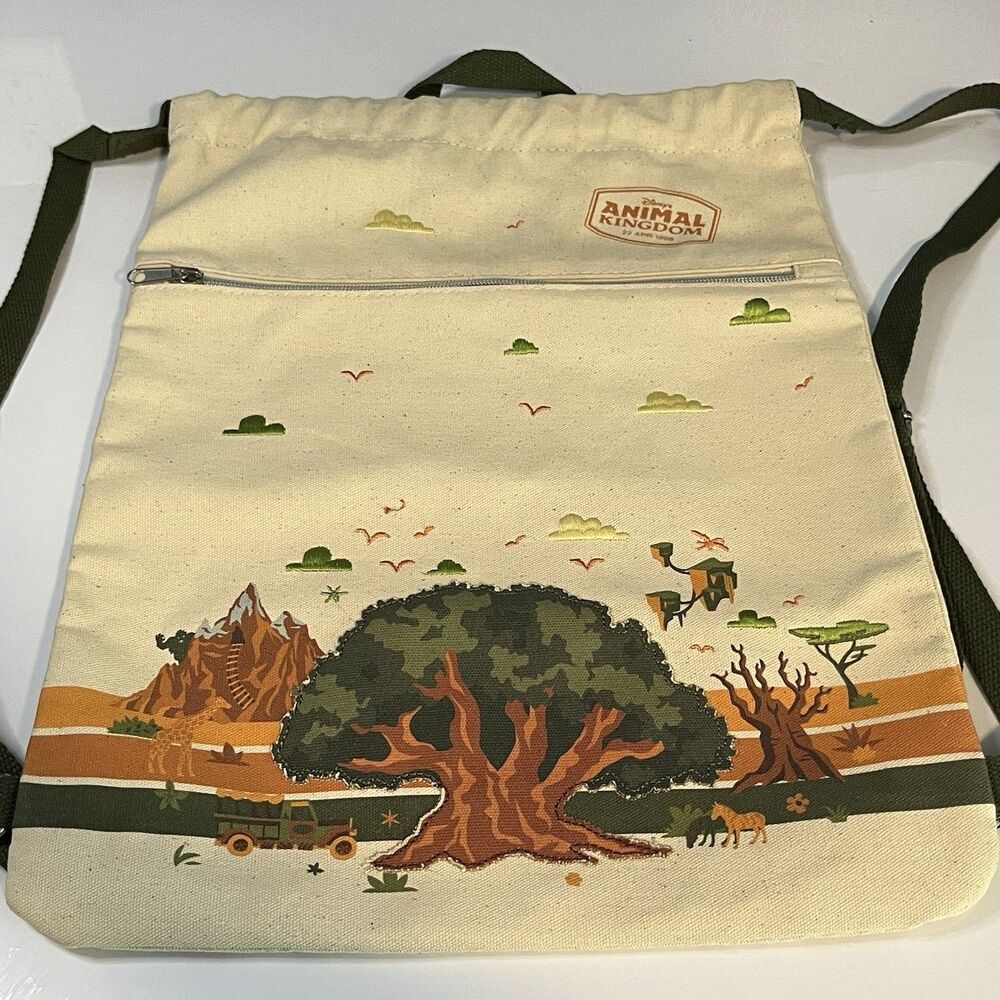 Disney Park Animal Kingdom Canvas Cinch Drawstring Backpack Souvenir Bag 15”x11”